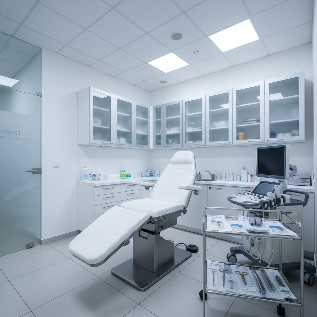 A state-of-the-art medical examination room designed for gynecology within a Budapest private clinic, centered on a pristine white adjustable examination chair with soft cushioning and stainless-steel details. Around it stand neatly organized cabinets with frosted glass doors, a compact ultrasound machine with a dark screen ready for use, and labeled sterile instruments resting on a small metal tray. The room is illuminated by cool, even ceiling panel lights that create minimal shadows and emphasize hygienic surfaces. Photographic realism with a slightly elevated angle and moderate depth of field keeps all equipment clearly visible. The atmosphere is discreet, professional, and reassuring, communicating precision, privacy, and high standards of care without any human presence.