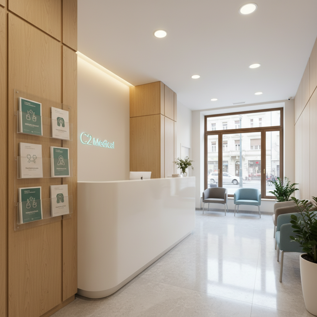 A bright, modern medical reception interior in Budapest, featuring a sleek white reception desk with a subtle C2 Medical logo backlit in soft teal. The surrounding walls are painted in warm white with clean lines, accented by light oak wall panels and neatly arranged informational brochures about gynecology, radiology, and cardiology. Large floor-to-ceiling windows reveal a blurred urban street outside, allowing diffused daylight to fill the room and reflect gently on the polished stone floor. Photographic realism at eye level, with a wide-angle lens capturing the entire reception area in sharp focus. The mood is professional, calm, and reassuring, emphasizing cleanliness and trust in a contemporary private clinic setting.