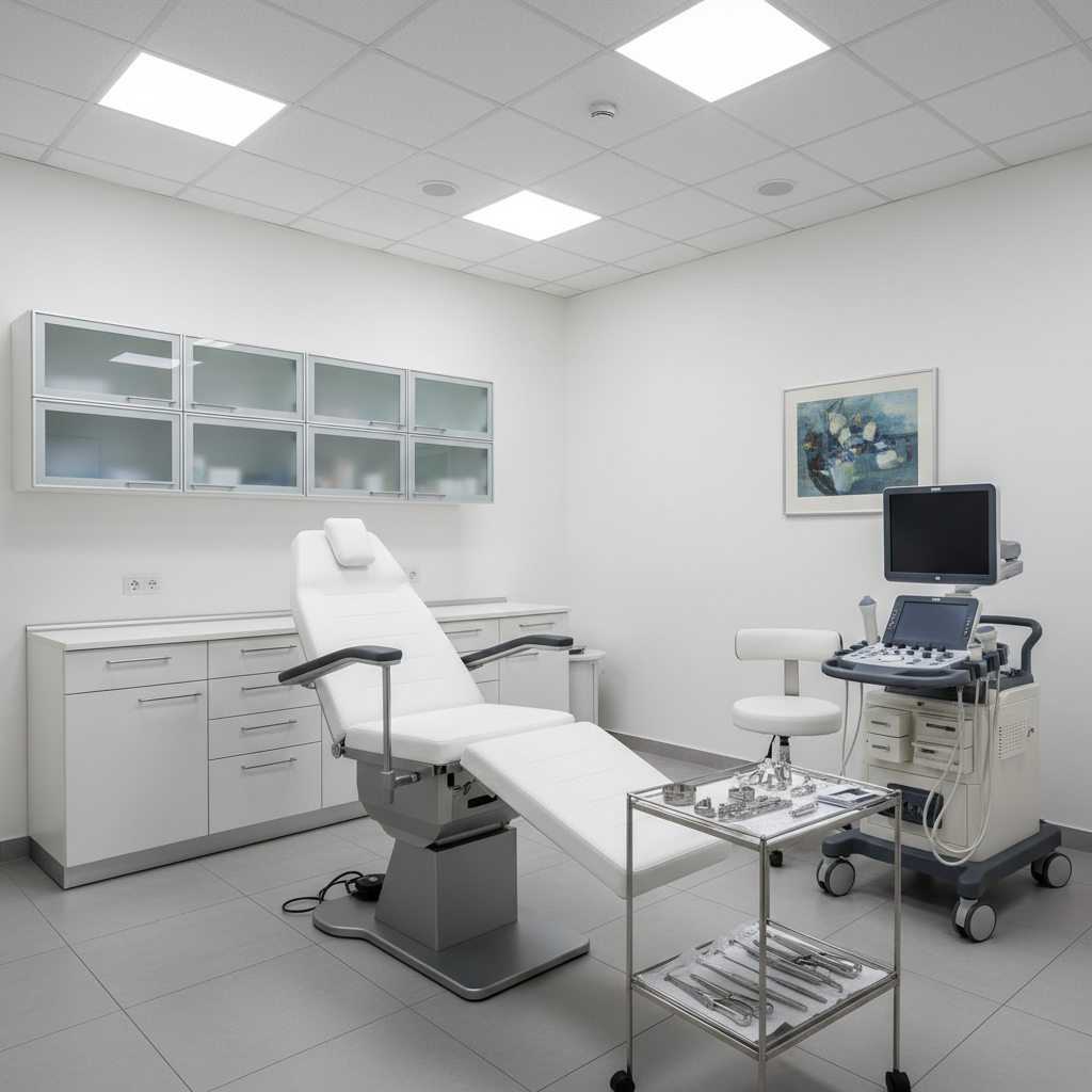 A state-of-the-art medical examination room designed for gynecology within a Budapest private clinic, centered on a pristine white adjustable examination chair with soft cushioning and stainless-steel details. Around it stand neatly organized cabinets with frosted glass doors, a compact ultrasound machine with a dark screen ready for use, and labeled sterile instruments resting on a small metal tray. The room is illuminated by cool, even ceiling panel lights that create minimal shadows and emphasize hygienic surfaces. Photographic realism with a slightly elevated angle and moderate depth of field keeps all equipment clearly visible. The atmosphere is discreet, professional, and reassuring, communicating precision, privacy, and high standards of care without any human presence.