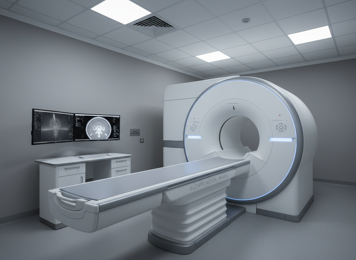 A high-tech radiology diagnostic room in a private Budapest clinic, dominated by a modern white MRI or CT scanner with a smooth circular opening and perfectly clean sliding patient table. The machine’s subtle LED indicators glow soft blue against the otherwise neutral grey and white palette. Nearby, a compact workstation with dual monitors shows unfocused grayscale medical images, suggesting active diagnostics. Overhead, diffused ceiling lighting creates an even, shadowless illumination that highlights the equipment’s contours and flawless surfaces. Captured in photographic realism from a three-quarter view, the composition follows the rule of thirds, leading the viewer’s eye into the scanner’s opening. The mood is highly professional, advanced, and reassuringly sterile, emphasizing cutting-edge radiology services.