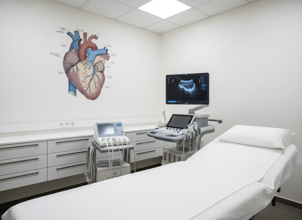 A cardiology diagnostic corner inside a private Budapest clinic, showcasing an advanced ultrasound and ECG setup. In the foreground, a spotless white examination bed with a crisp, neatly folded sheet stands beside a mobile ultrasound cart with a large, pivoted monitor displaying blurred echocardiogram images in blue and white hues. On the wall behind, a mounted, stylized diagram of the human heart in muted medical colors adds context. Discreet cable management and organized drawers suggest meticulous order. Overhead LED panel lighting provides soft, uniform illumination with minimal glare. Photographic realism at eye level, medium shot, with sharp focus throughout. The atmosphere is calm, precise, and technologically sophisticated, reflecting a professional cardiology environment ready for scheduled examinations, while remaining entirely free of human subjects.