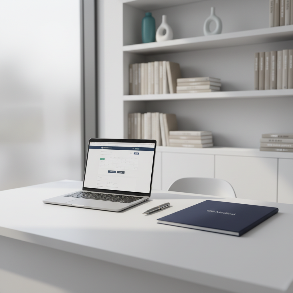 A neatly arranged consultation workspace within a private Budapest medical clinic, focused on a minimalist white desk with a slim silver laptop displaying an out-of-focus appointment booking interface. Next to it lies a closed navy-blue patient file embossed subtly with the C2 Medical name, and a metal pen placed perfectly parallel. Behind the desk, built-in shelving holds carefully aligned medical reference books and a few tasteful teal and white decorative elements. Soft daylight filters through a frosted glass window, creating a gentle glow and delicate shadows on the matte desktop. Photographic realism from a slightly elevated angle with shallow depth of field, keeping the desk items crisp and the background softly blurred. The mood is organized, trustworthy, and efficient, emphasizing easy online appointment scheduling and professional administrative care.